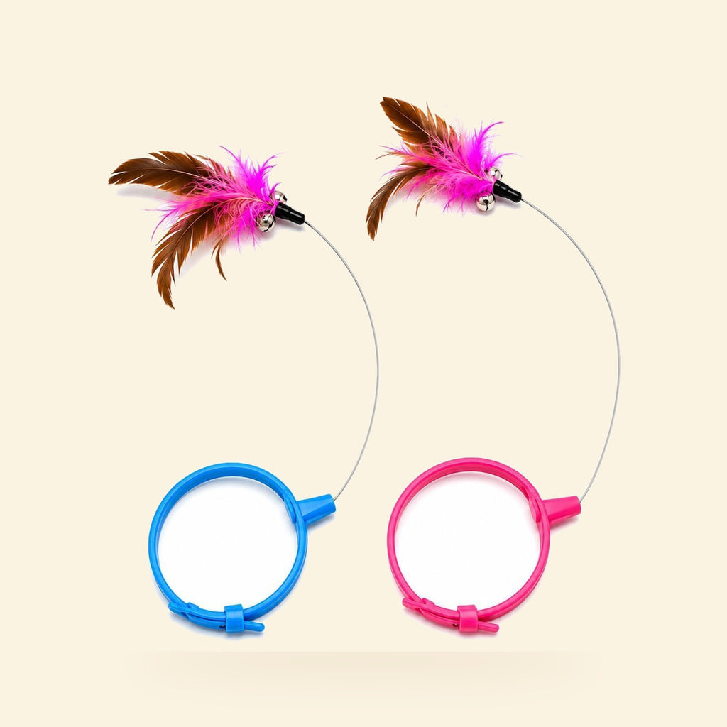 Blue and pink wearable cat collars with feather teaser wands