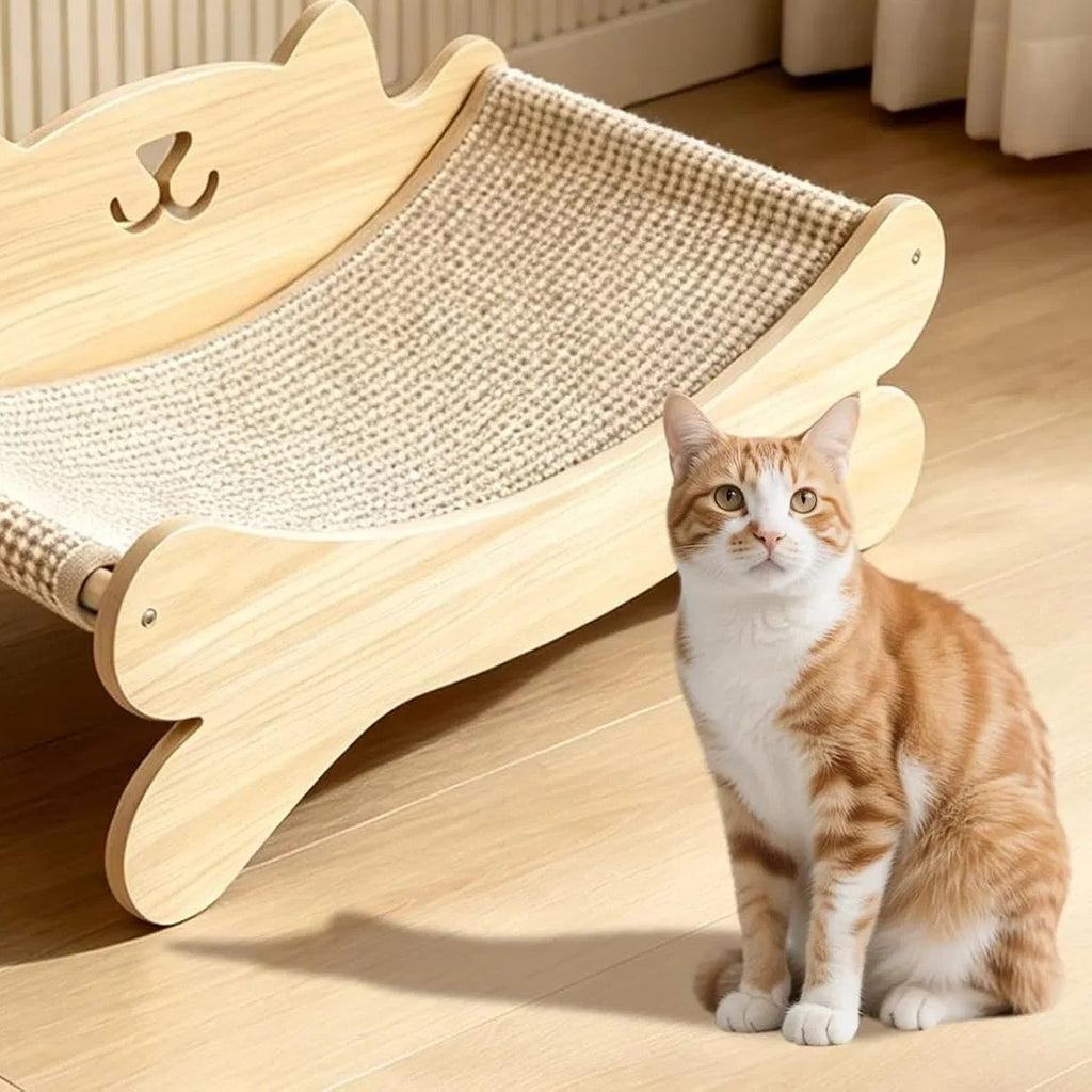 Wooden cat lounge scratcher with a ginger cat sitting beside it