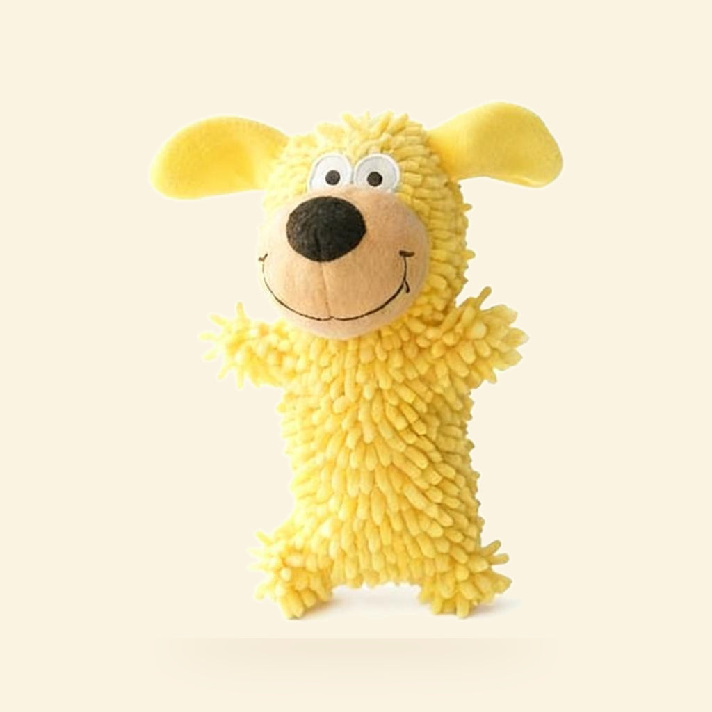 Yellow plush squeaky chew buddy dog toy