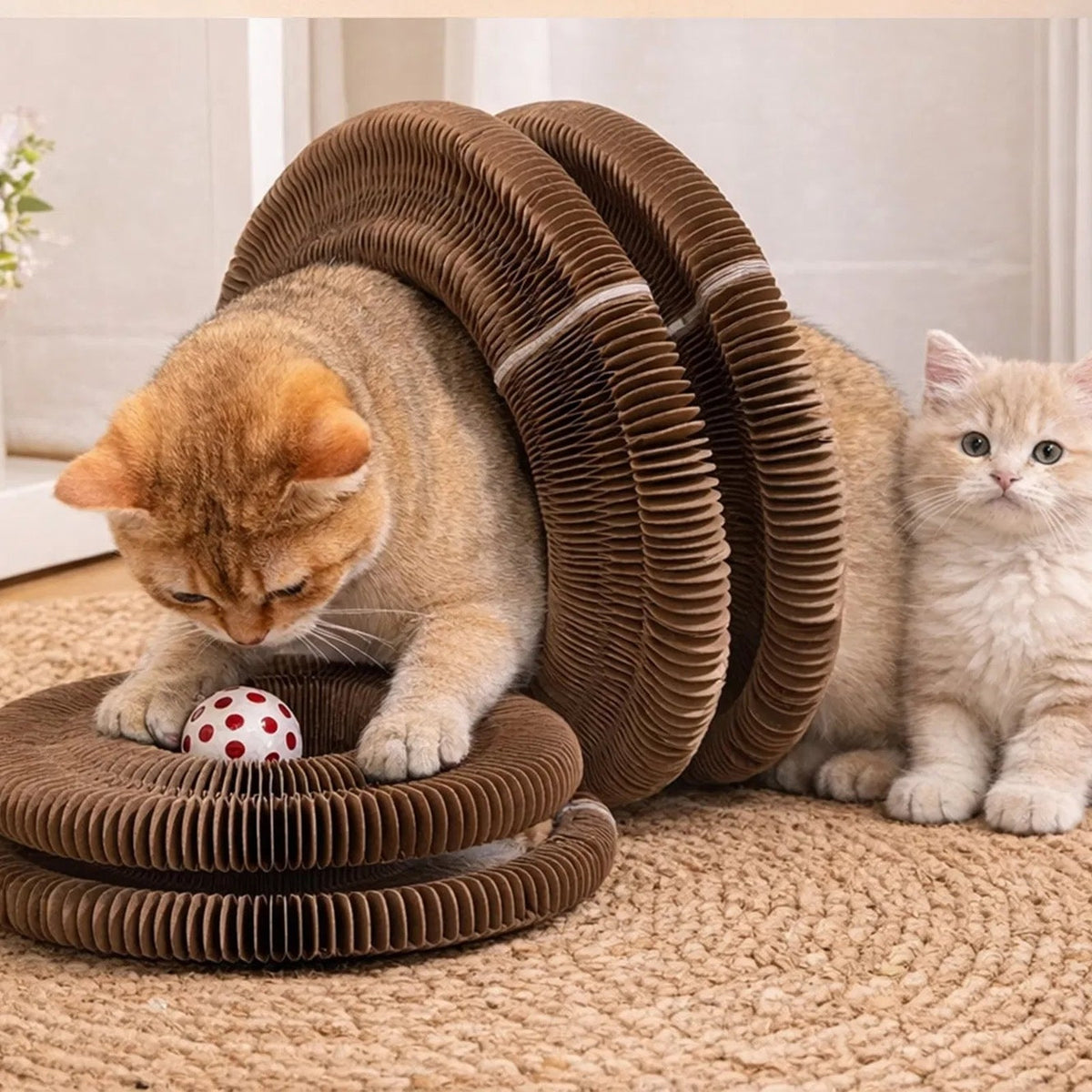 Two cats playing in the expanded accordion scratcher