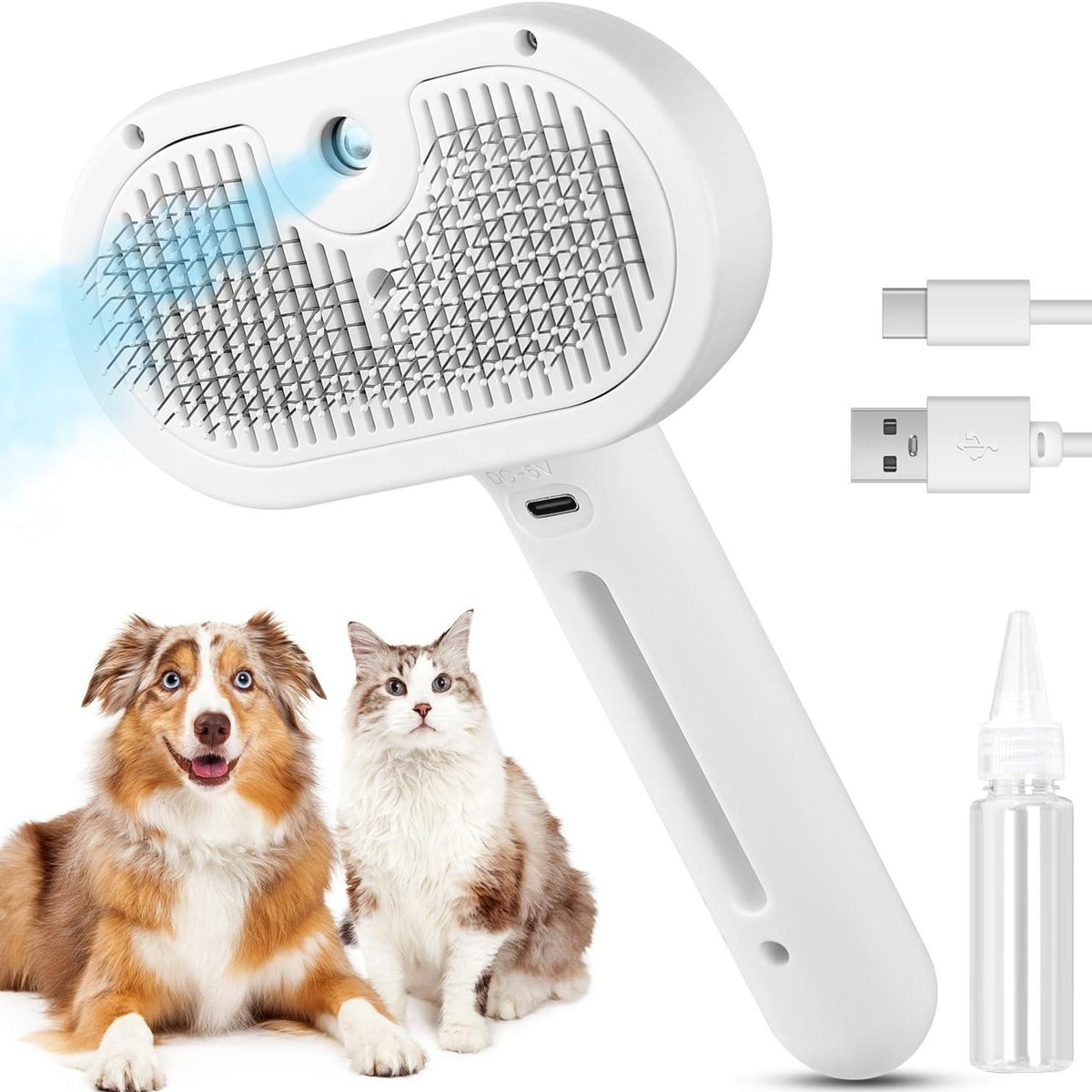 White steam grooming brush with USB cable and water bottle next to a dog and a cat