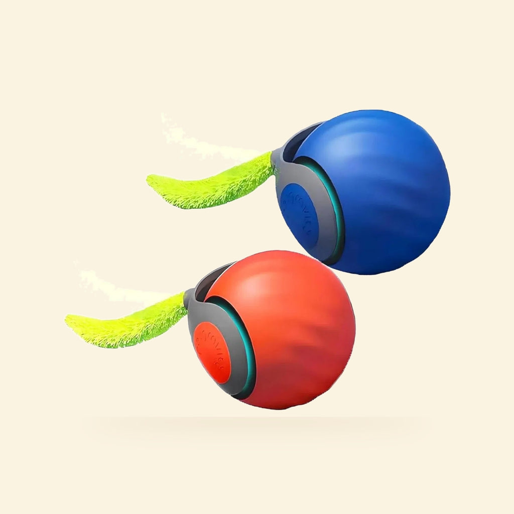 Blue and orange interactive cat chase balls with feather tails