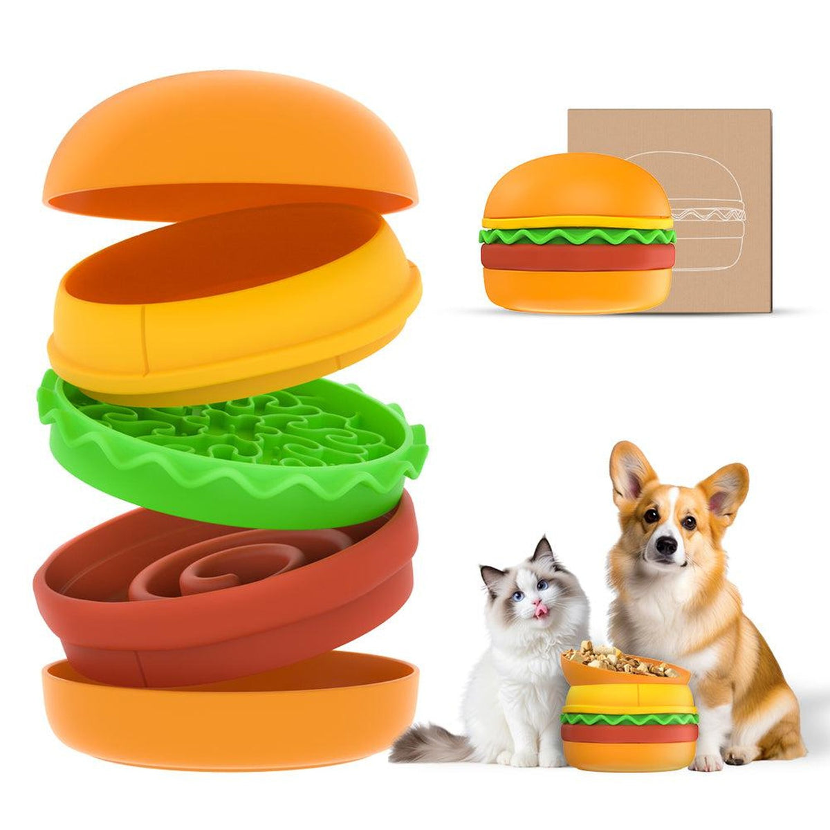 Burger stack bowl set separated into its layers beside a cat and a corgi
