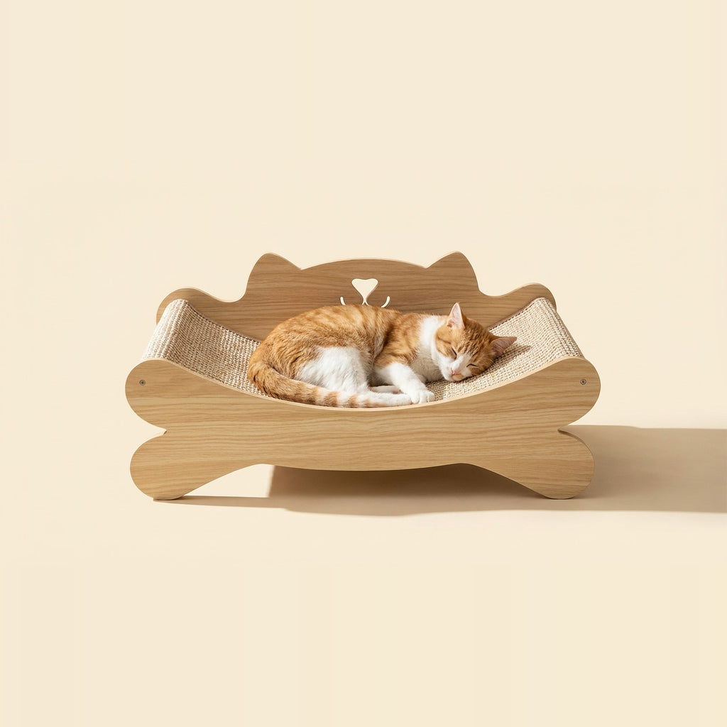 Wooden cat lounge scratcher with a sleeping cat on a cream background