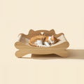 Wooden cat lounge scratcher with a sleeping cat on a cream background