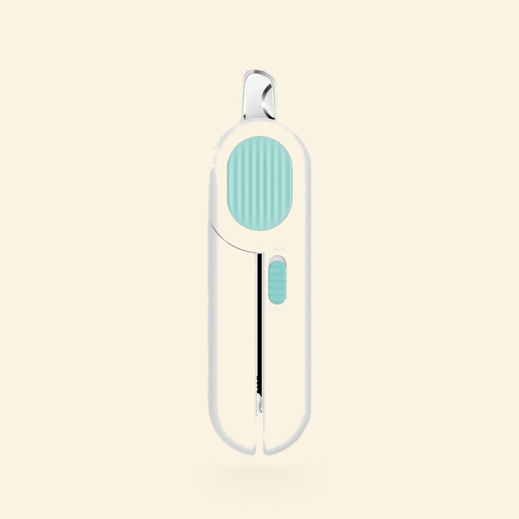 White and blue LED cat nail clippers on a cream background