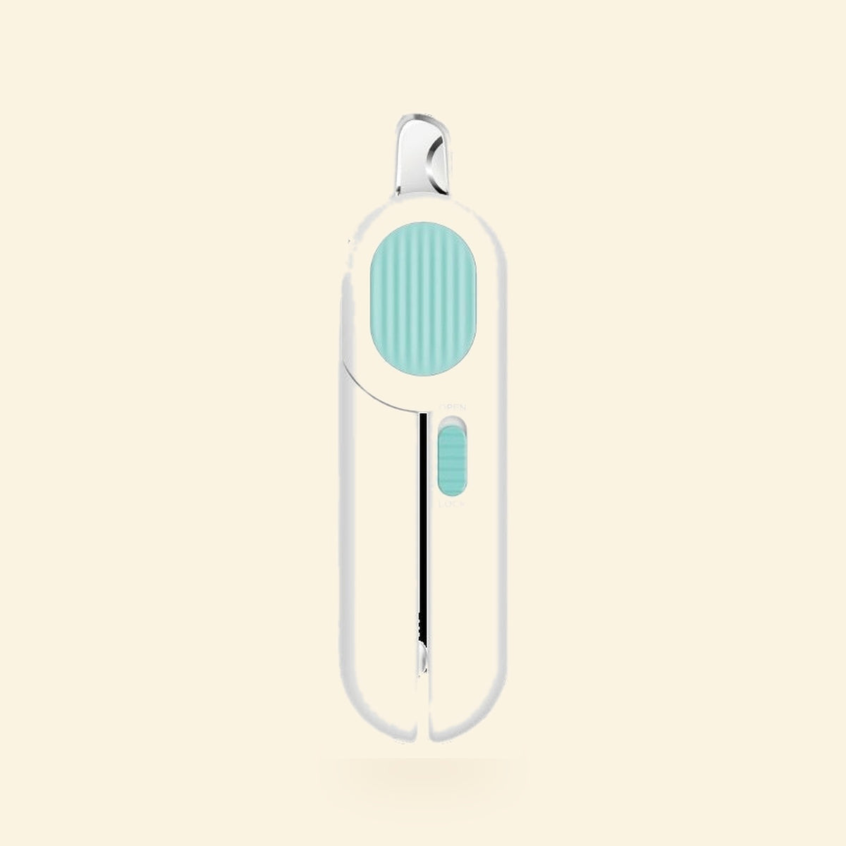 White and blue LED cat nail clippers on a cream background