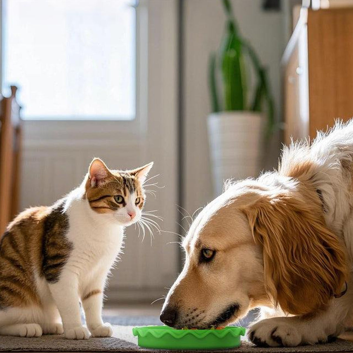 Cat and dog eating side by side from the lick mat layers