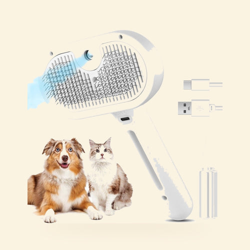 White misting steam grooming brush with a dog and a cat on a cream background
