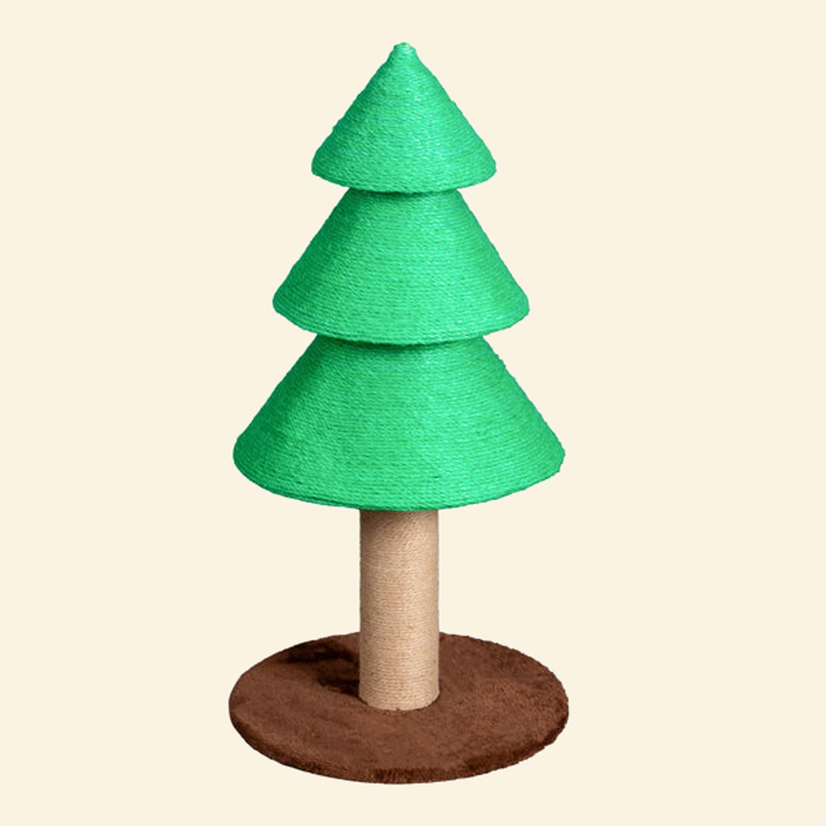 Green Christmas tree cat scratcher with sisal cones and a brown fleece base on a cream background
