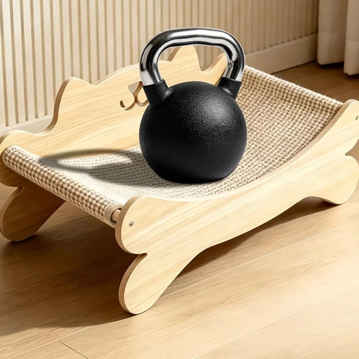 Kettlebell resting on the wooden cat lounge to show its sturdy frame