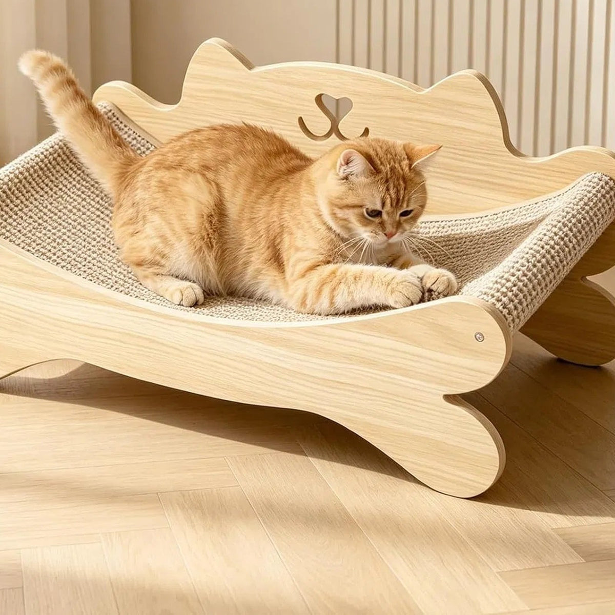 Ginger cat stretched out on the wooden cat lounge scratcher