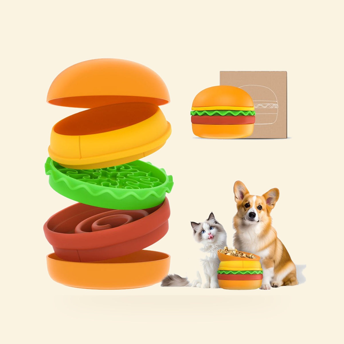 Stacked burger-shaped pet bowl set in orange, green and red layers next to a cat and a corgi