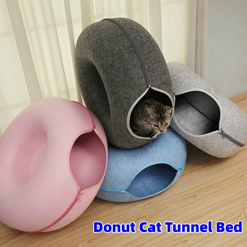 Cat peeking out of the Felt Donut Cat Tunnel Bed