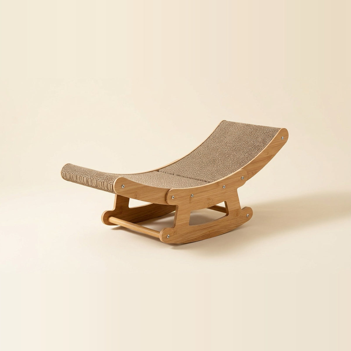 Curved wooden rocking cat scratcher lounge with a cardboard scratching surface