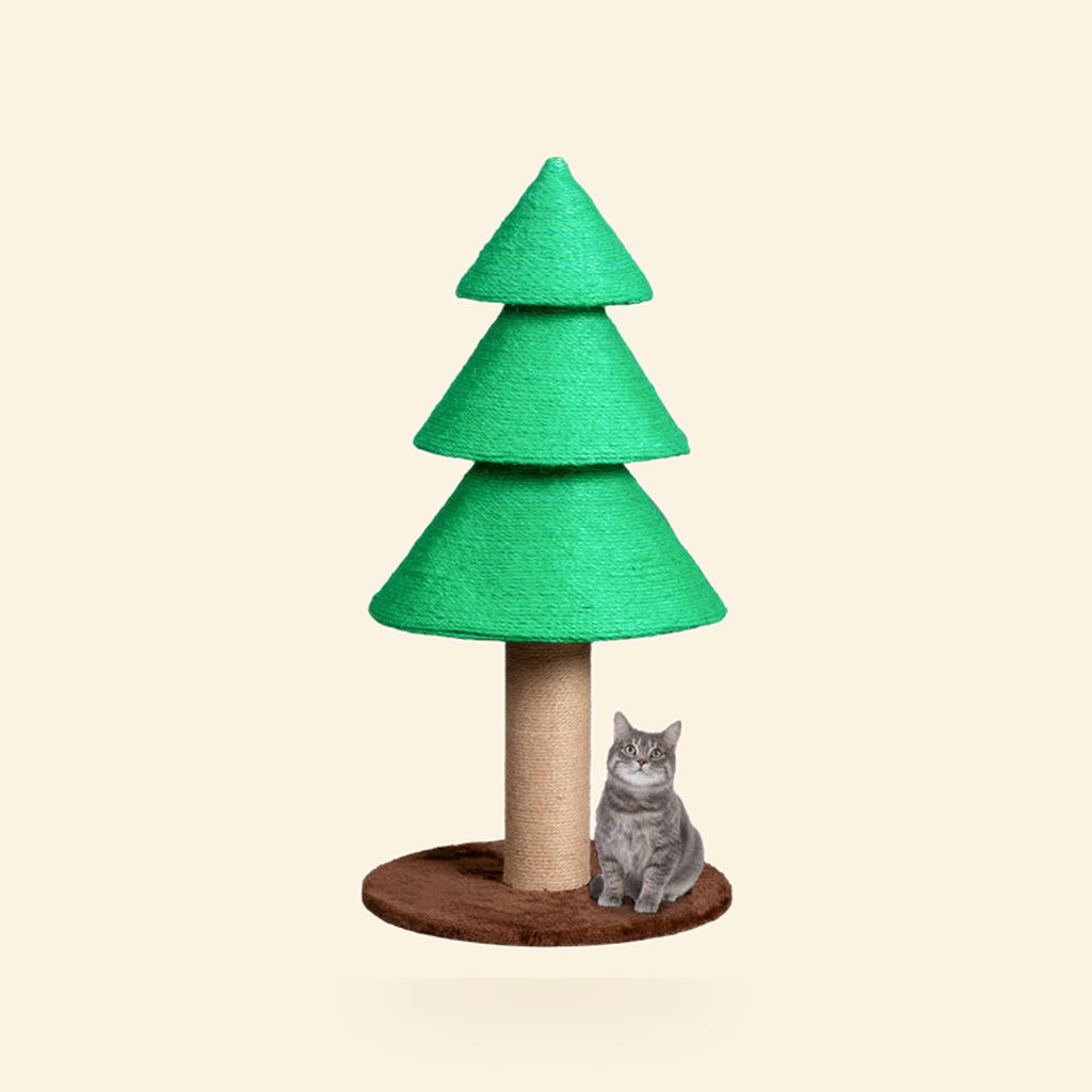 Green Christmas tree cat scratcher with a sisal post and round base