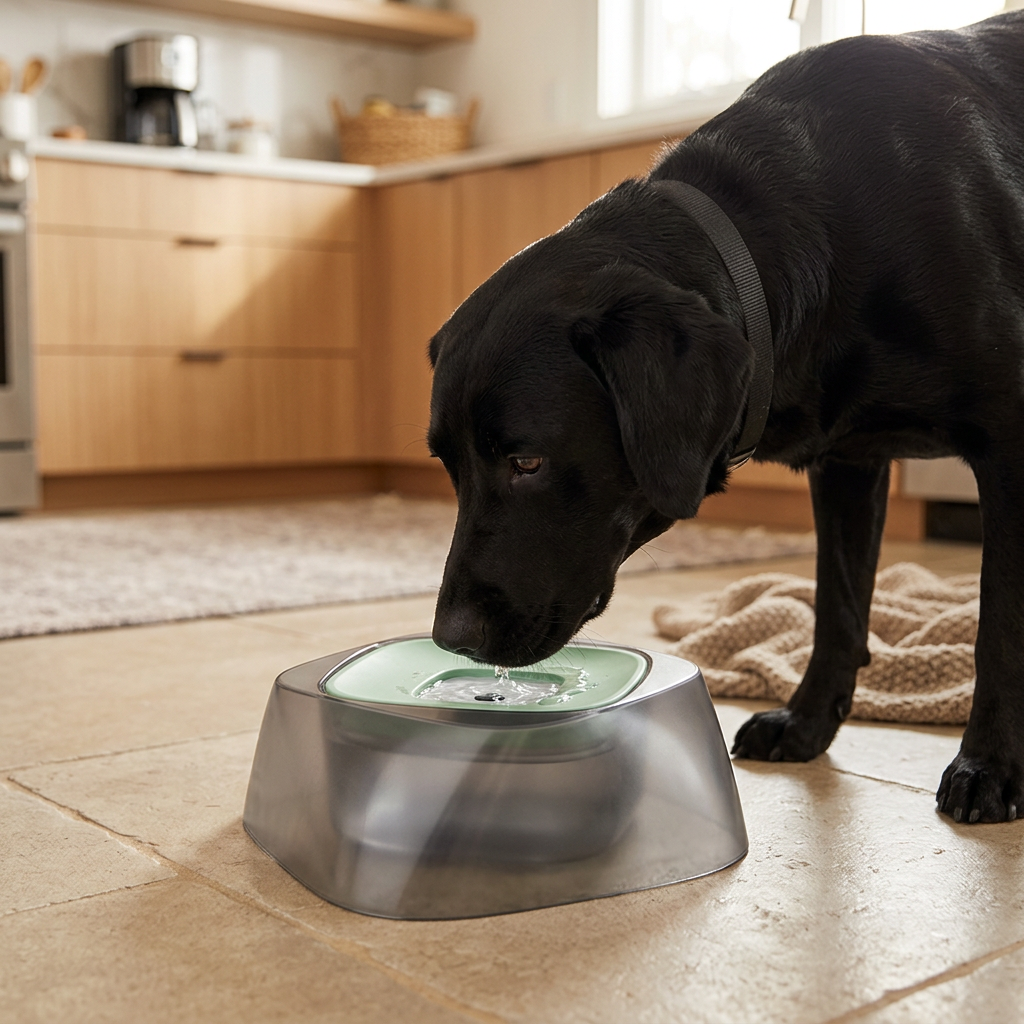 Black labrador drinking from the No-Splash Floating Dog Water Bowl on a dry kitchen floor