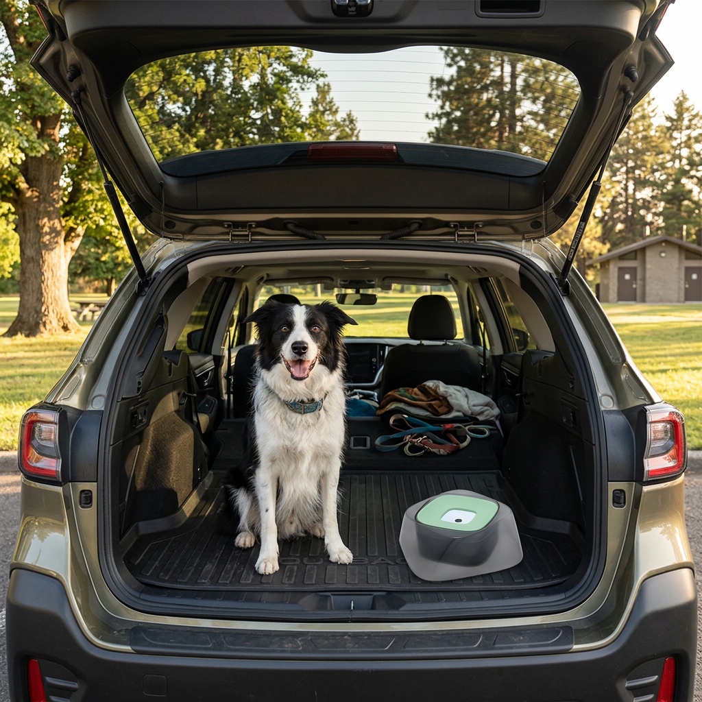 Border collie in an SUV cargo area with the No-Splash Floating Dog Water Bowl for car rides