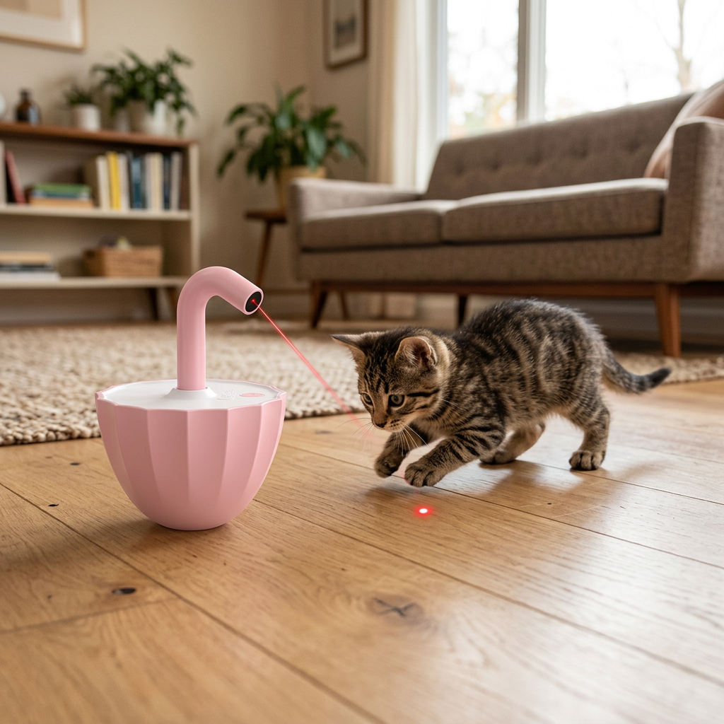 Tabby kitten pouncing on the red laser dot from a Cherry Blossom Pink Umbrella Laser Cat Toy