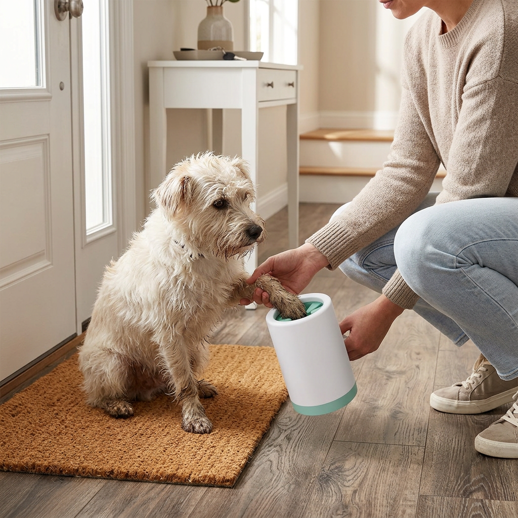 Owner rinsing a small white terrier's muddy paw in the Muddy Paw Cleaner Cup at the front door