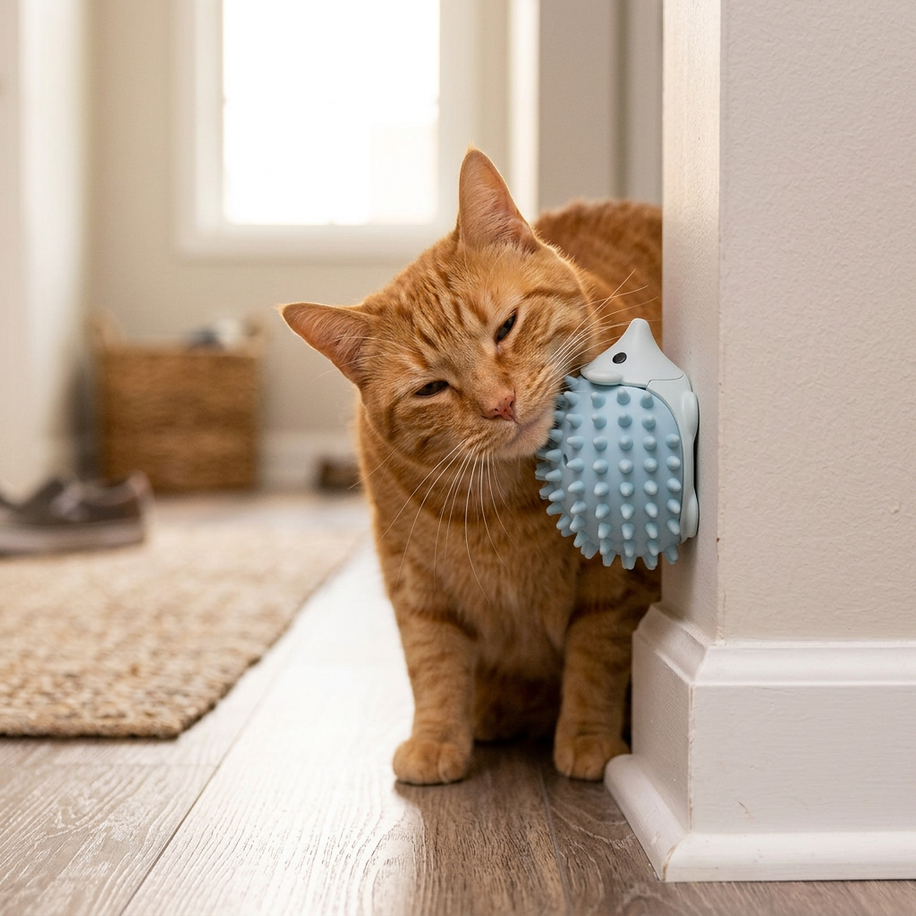 Orange cat leaning its face into the blue Hedgehog Corner Self-Groomer in a hallway