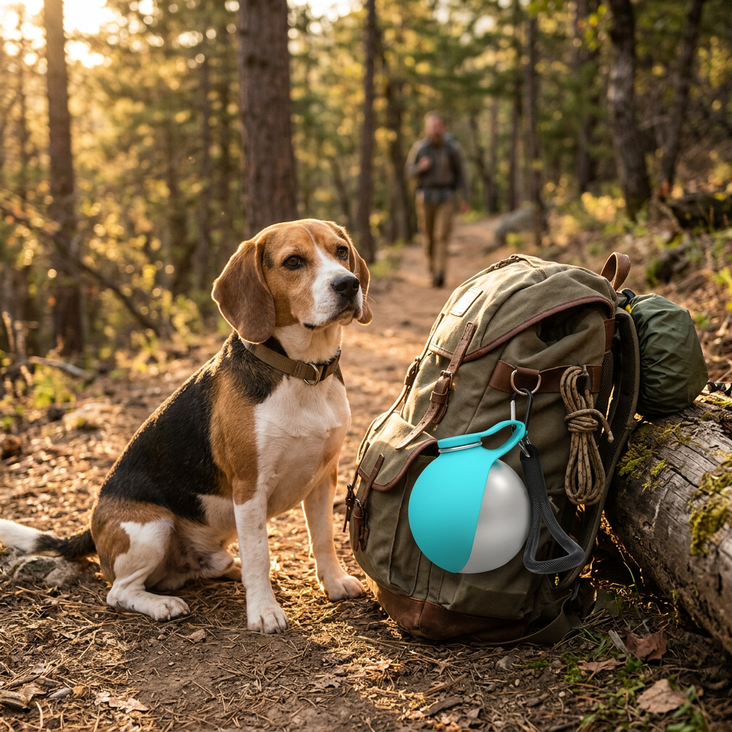 Beagle on a hiking trail beside a backpack with the blue Walkies Steel Dog Water Bottle clipped on