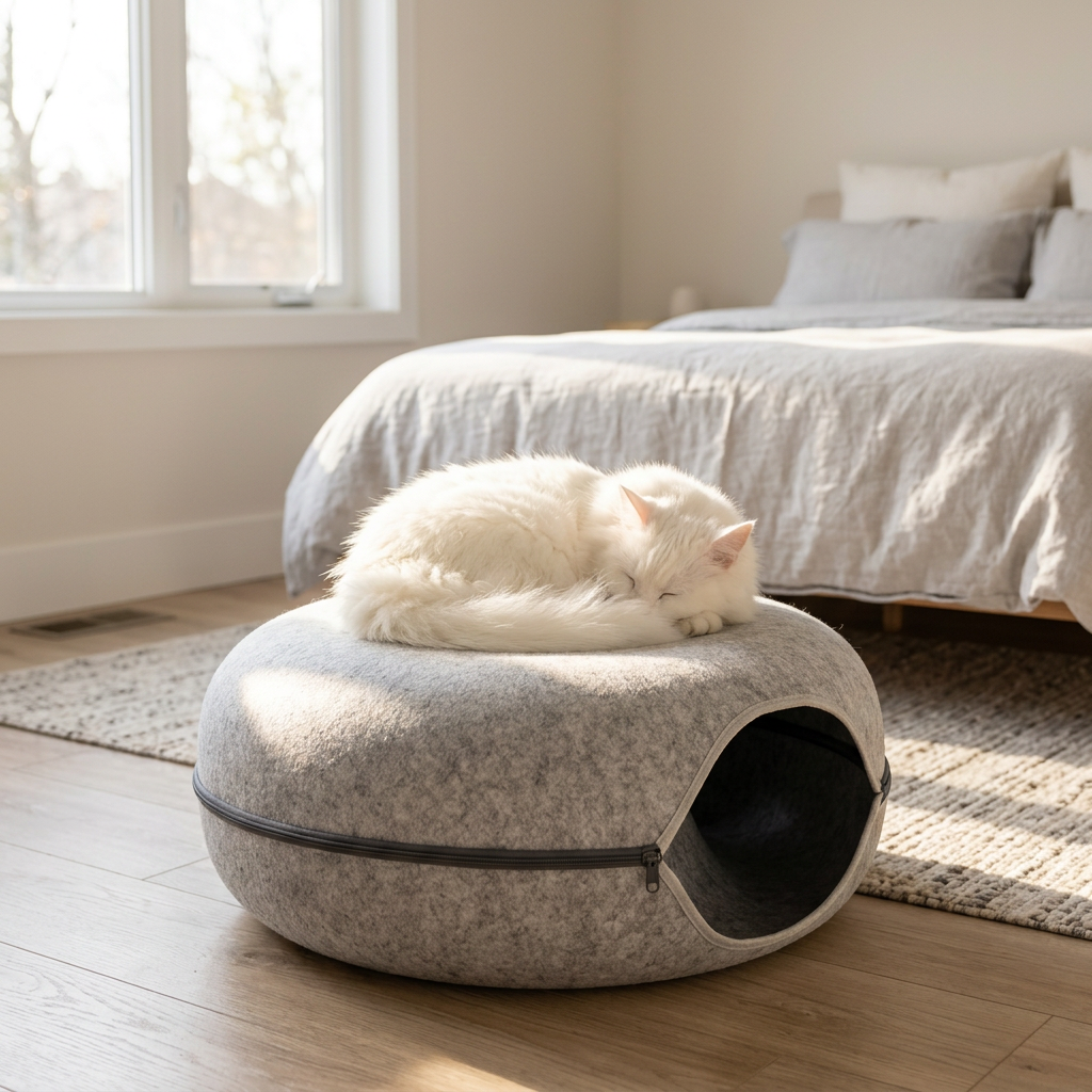 White cat napping on top of a light grey Felt Donut Cat Tunnel Bed in a bright bedroom