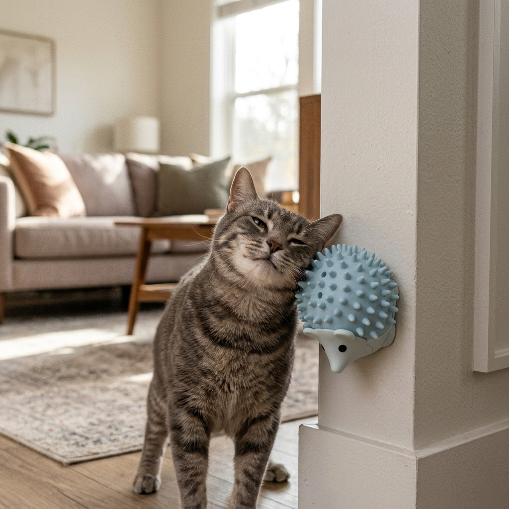 Grey tabby cat rubbing its cheek on the blue Hedgehog Corner Self-Groomer mounted on a wall corner