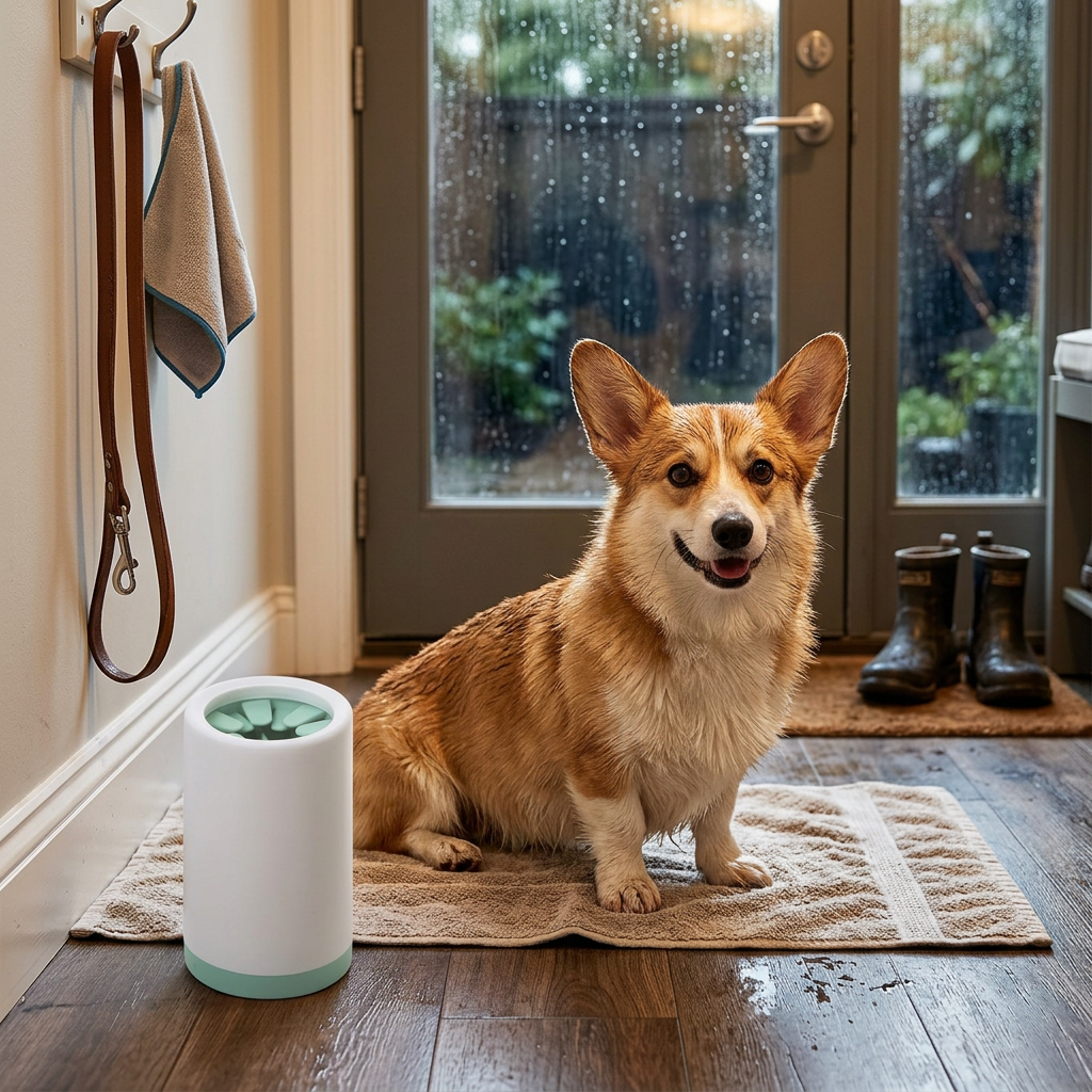Corgi sitting on a towel by the back door next to the Muddy Paw Cleaner Cup in green