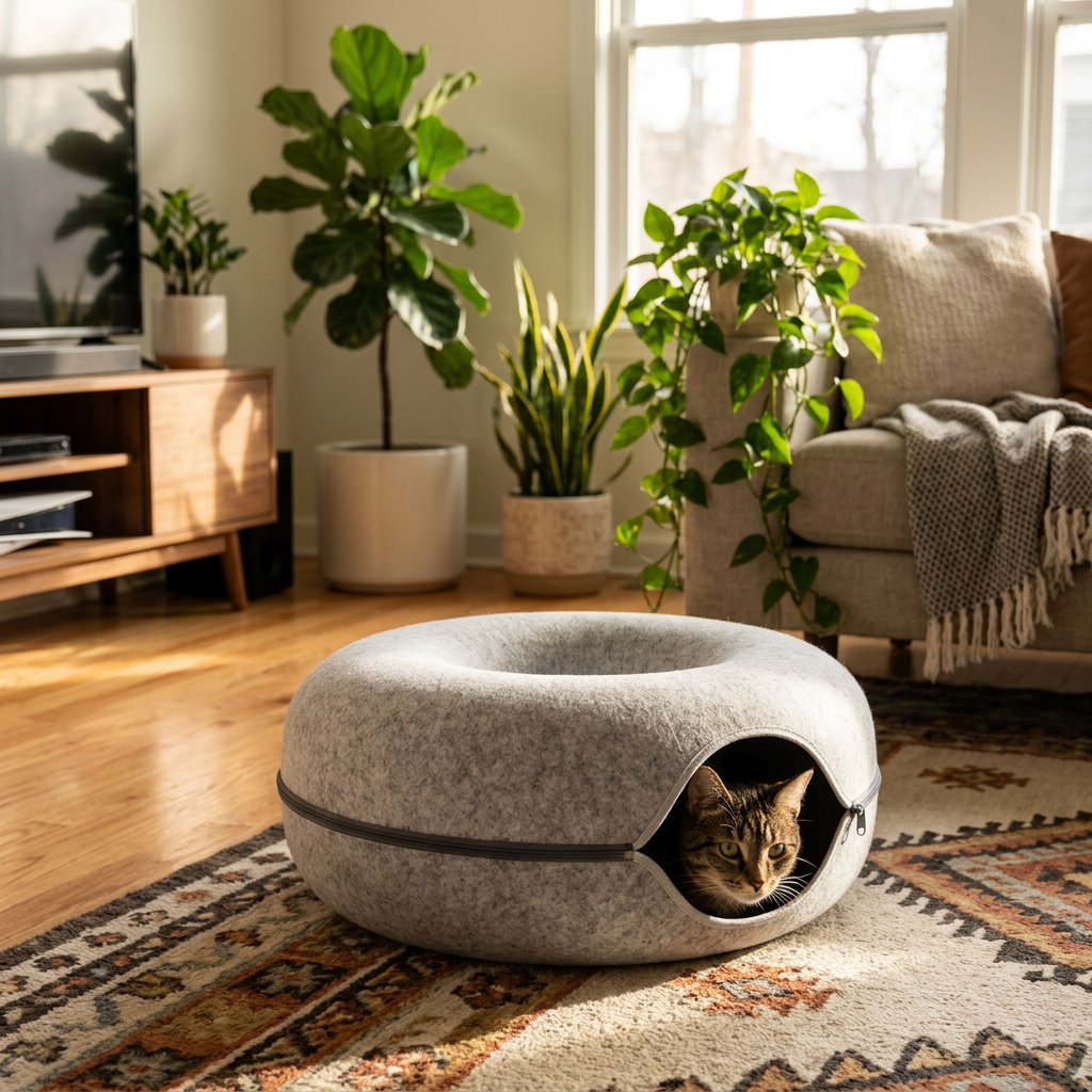 Tabby cat peeking out of a light grey Felt Donut Cat Tunnel Bed on a living room rug
