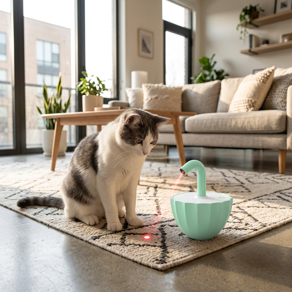 Cat watching the laser dot from a Mint Green Umbrella Laser Cat Toy on a living room rug