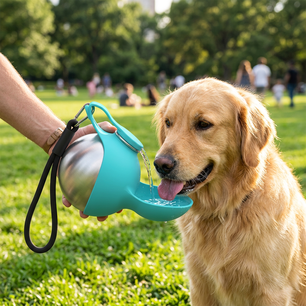 Golden retriever drinking from the pulled-up bowl of the Walkies Steel Dog Water Bottle in a park