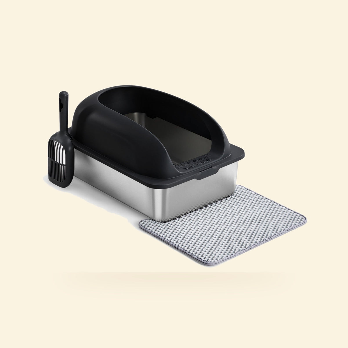 Stainless steel covered litter box with black hood, scoop and litter mat