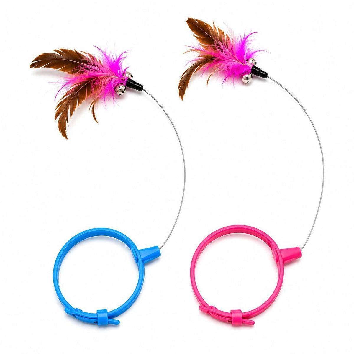 Blue and pink feather teaser collars side by side