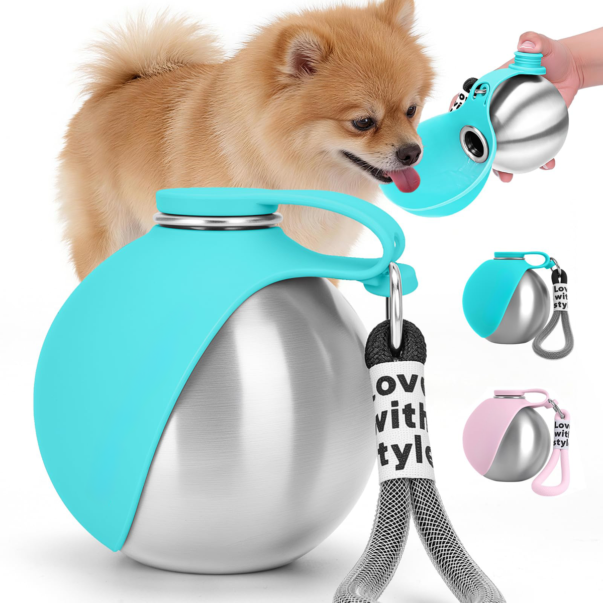 Walkies Steel Dog Water Bottle with pull-up silicone bowl