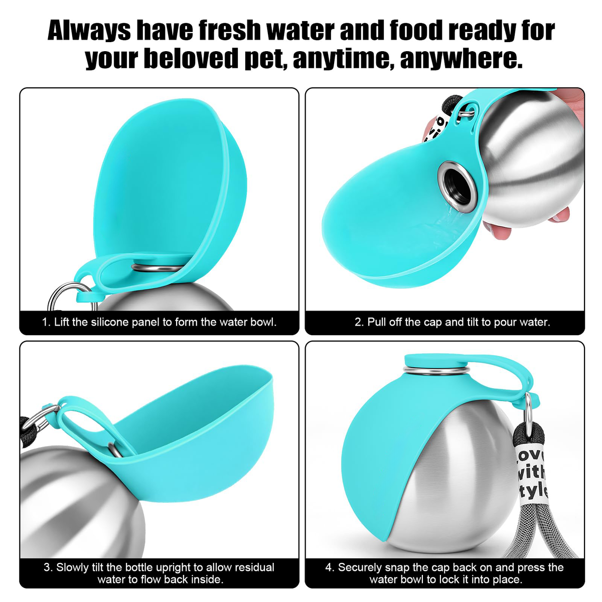Walkies Steel Dog Water Bottle, stainless steel with silicone bowl, view 6