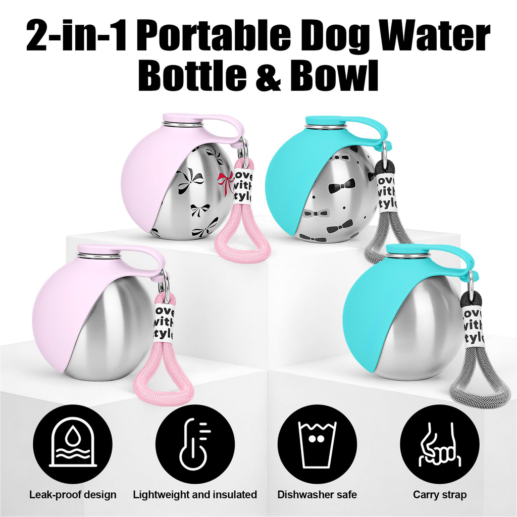 Walkies Steel Dog Water Bottle, stainless steel with silicone bowl, view 9