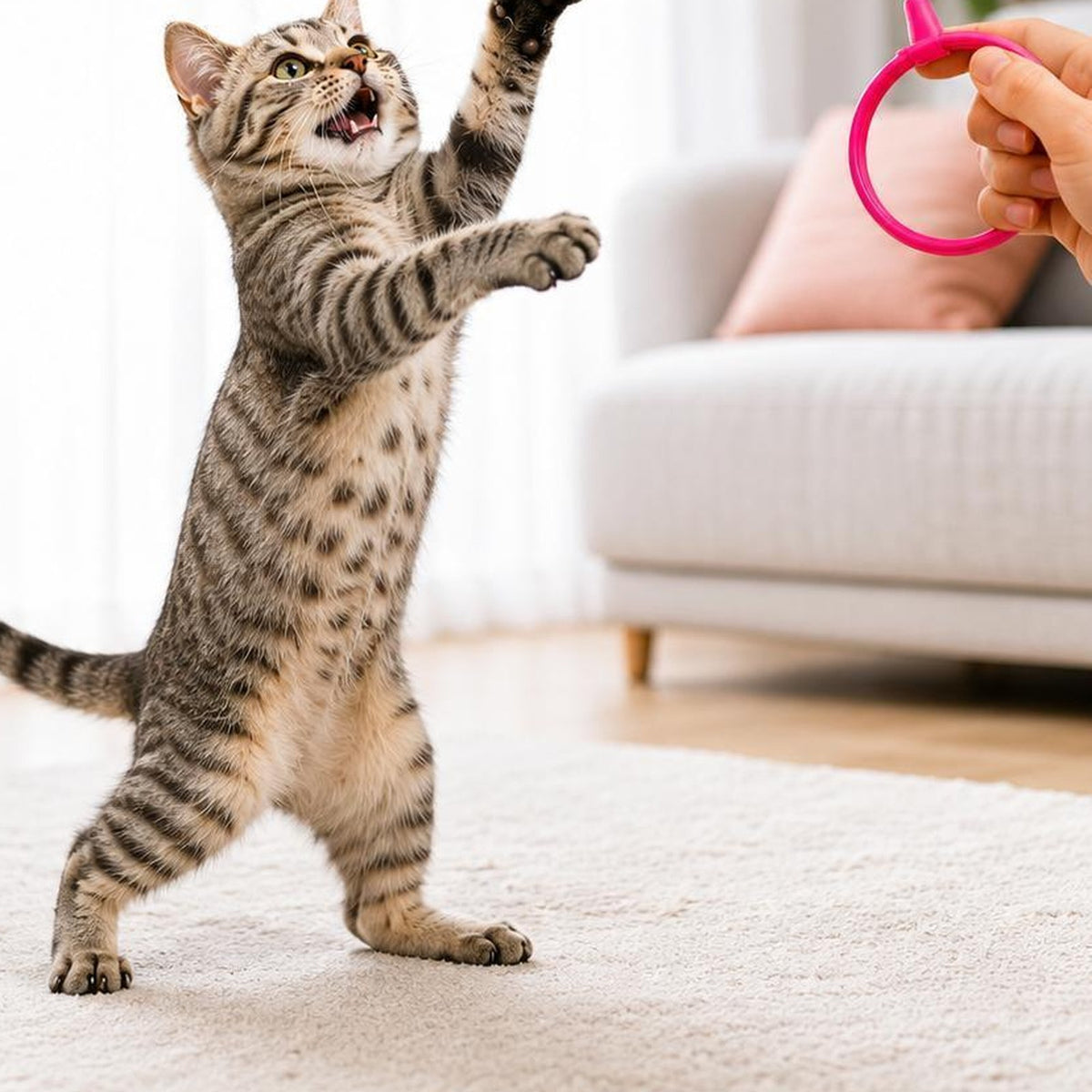 Tabby cat jumping at a feather teaser